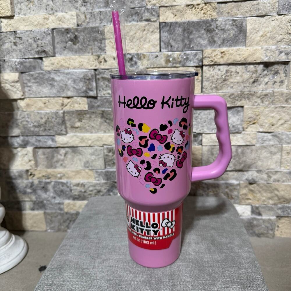 Hello Kitty‎ 40oz Pink Leopard Heart Tumbler Cup Handle Straw Sanrio